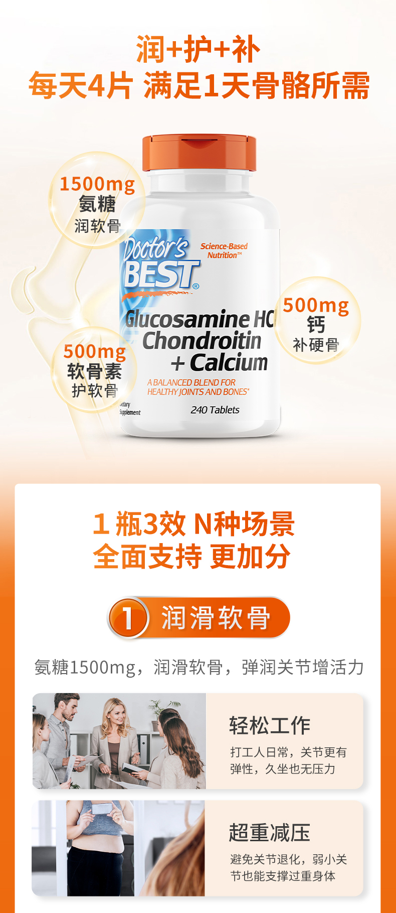 商品[国内直发] Doctor's Best|Doctor's Best 氨糖软骨素钙片250mg/份（每份2片） 240片,价格¥156,第4张图片详细描述